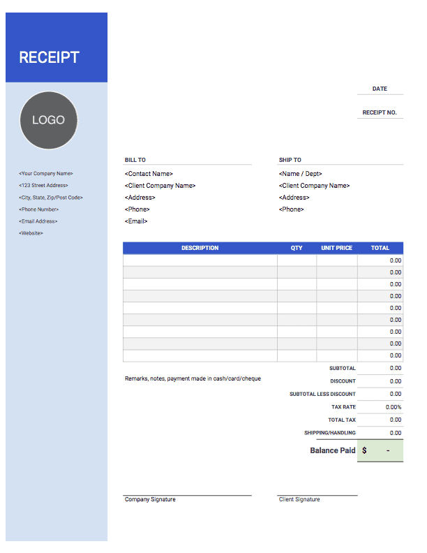 Cash Receipt Template With Company Logo