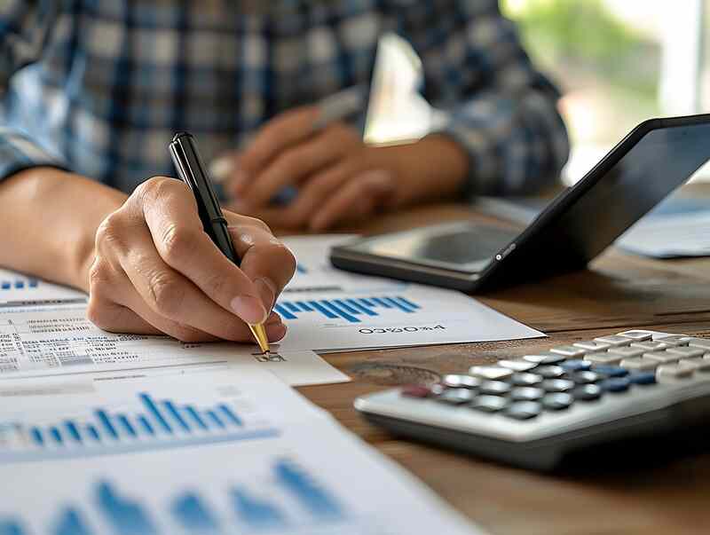 Small business owner with financial documents calculating revenue forecasting