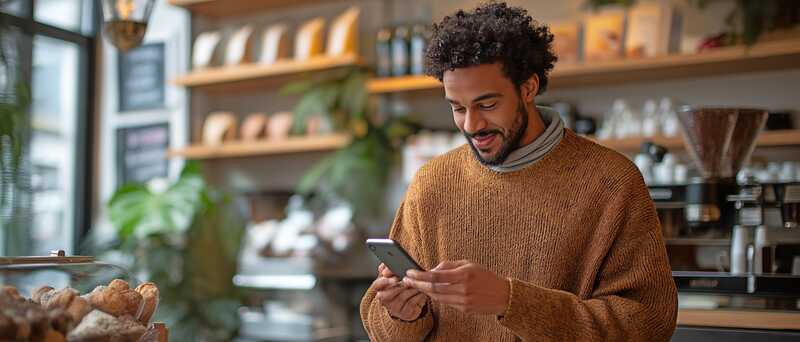 Le propriétaire d'un café utilise un smartphone pour sa petite entreprise