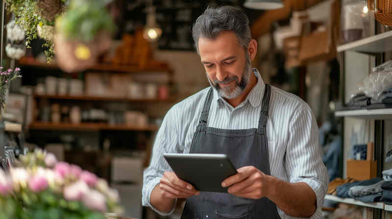 Male small business owner in apron using digital tablet