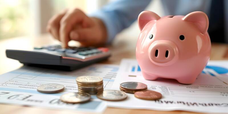 image of a coin being placed into a pink piggy bank and calculator