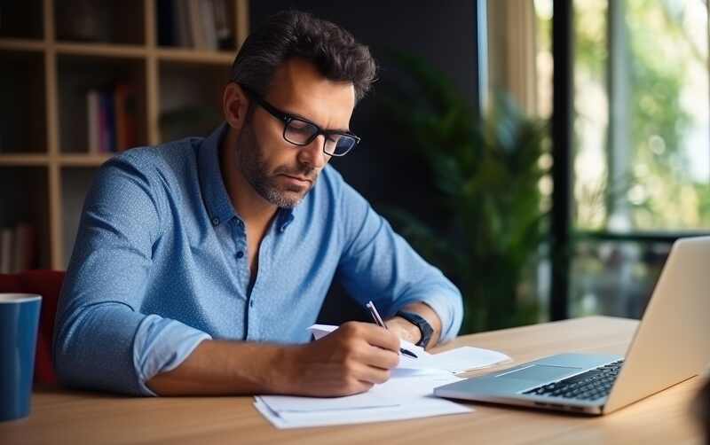 pequeño empresario calculando sus facturas e ingresos concepto de términos netos