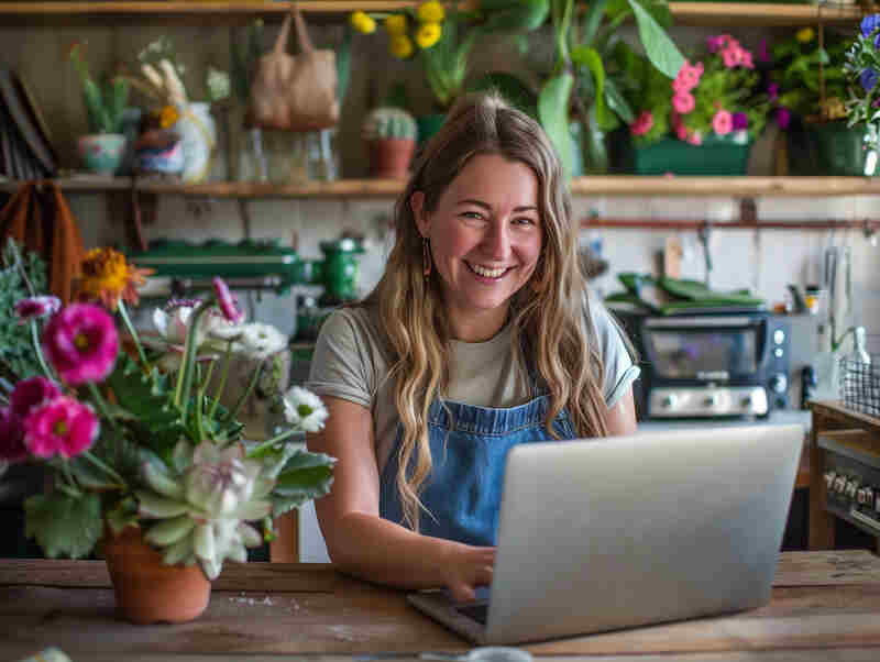 young florist working on laptop in her own small business