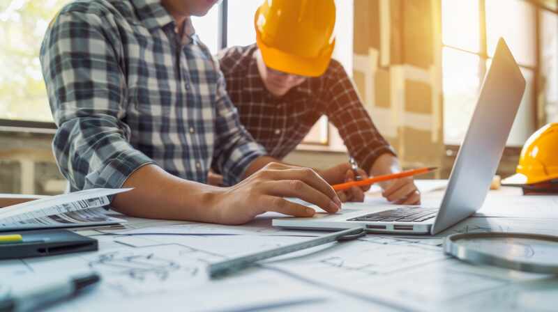 Two architects working on a laptop in a construction site